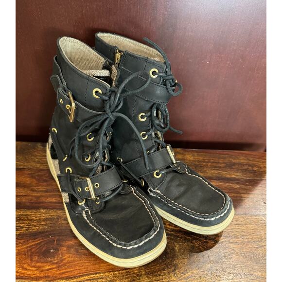 Sperry Top-Sider Black Huntley Buckle Side Zip Deck Ankle Boots Sz 8.5 - Picture 1 of 8